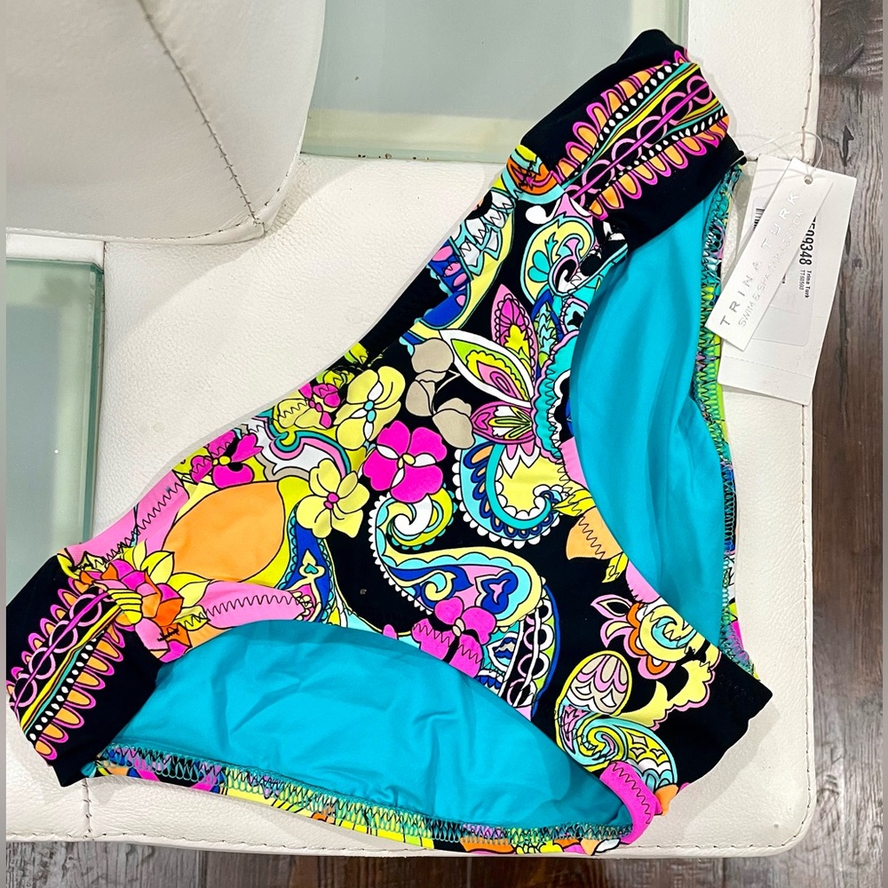 NWT TRINA TURK multicolor vibrant pink black tanga bikini bottom size 4 fits 2-4